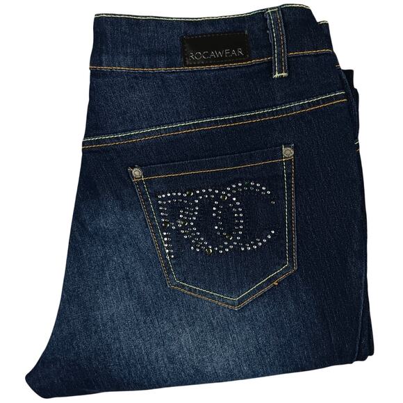 Rocawear Classic Jeans Womens 14 33X33 Blue Stretch Rhinestone Embroidered - Picture 1 of 15